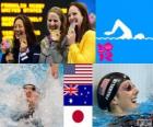 Yüzme bayanlar 100 metre sırtüstü podyum, Missy Franklin (ABD), Emily Seebohm (Avustralya) ve Aya Terakawa (Japonya) - Londra 2012-